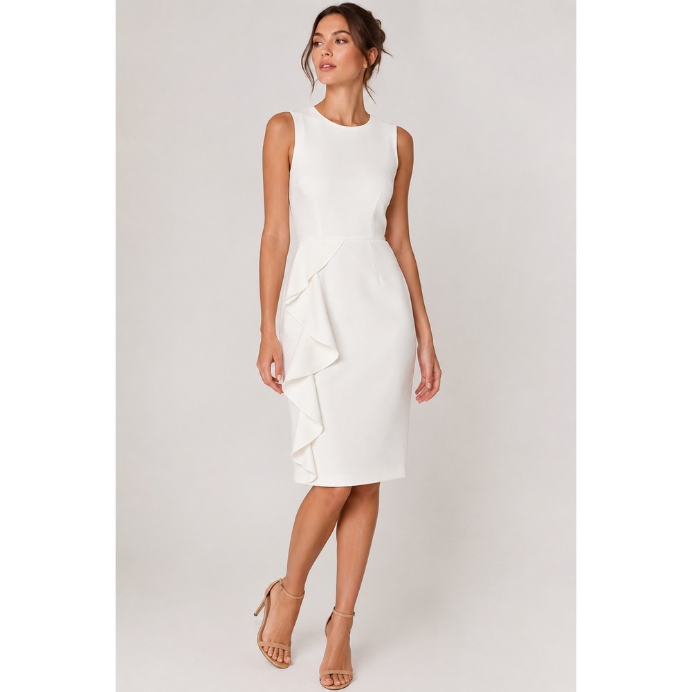 Eliza J Ivory Ruffle Front Sleeveless Sheath Dress Size 2 White Cocktail Event